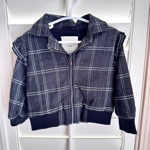 Habitual Girl Plaid Puff Sleeve Bomber Jacket Grey Windowpane Ruffle 12M